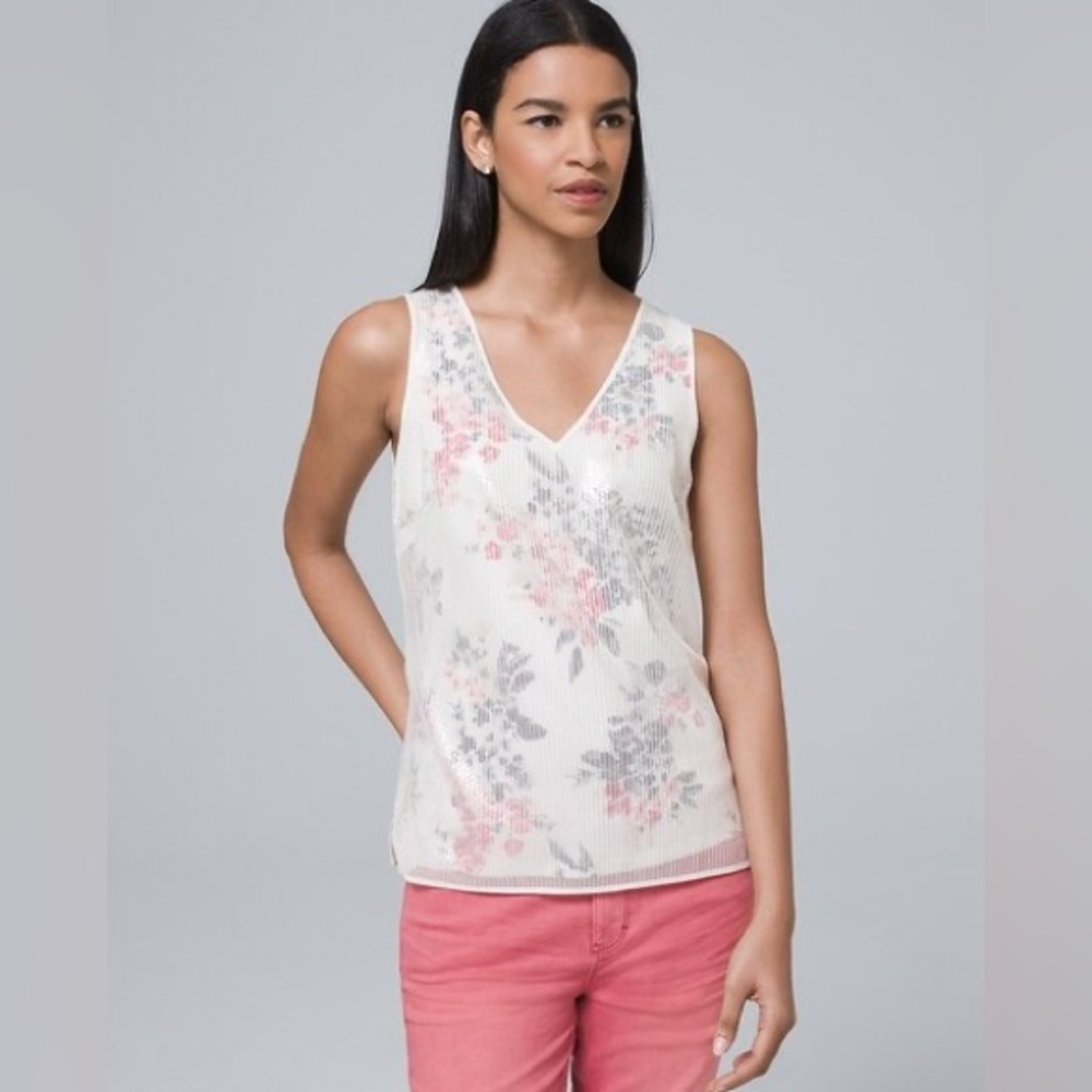 Short Sleeve Sequin Overlay Tank | Size XXS | Color Ecru with Garden Bloom